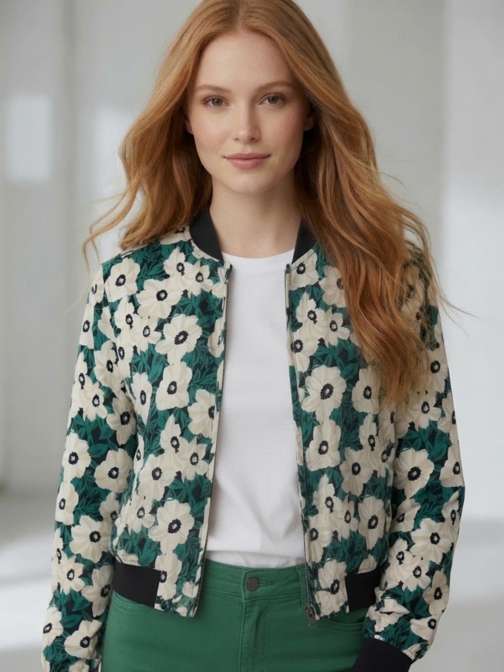 Who What Wear Cream Floral Bomber Jacket with Green Leaves Black Trim Size S
